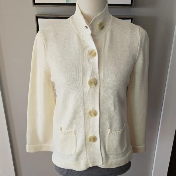 J. Jill Women's Small Cream Button Front Pocket Work Casual Cotton Cardigan - Picture 2 of 14